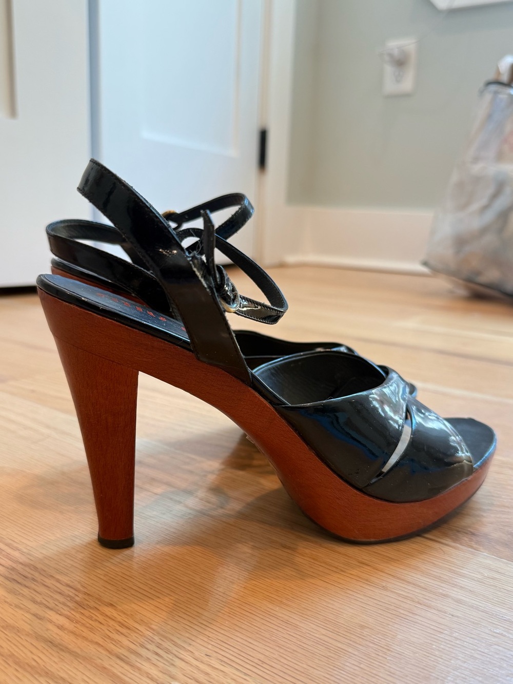 Miu Miu Black Patent Platform High Heel Sandals with Wood-Tone Platform